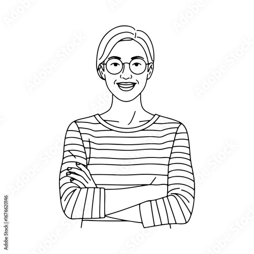 A friendly and confident senior woman with short hair and glasses, smiling with her arms crossed. A line art portrait of a mature, happy person.