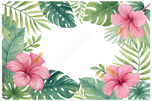 Watercolor Tropical Hibiscus and Monstera Leaf Frame