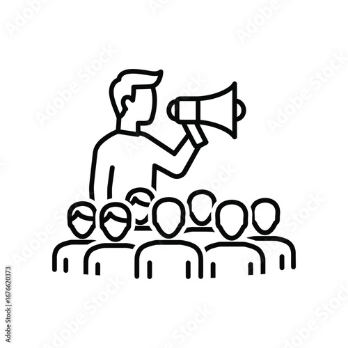 Leadership and Communication: A minimalist line drawing portrays a leader addressing a crowd, speaker icon held aloft. This graphic embodies clear messaging and persuasive delivery.