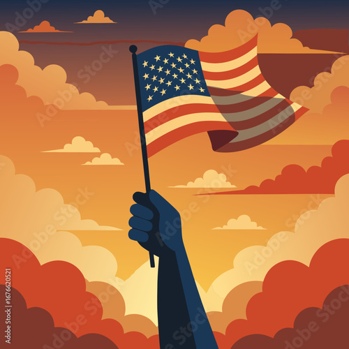 Hand Holding American Flag Against Sunset Sky - Patriotic Illustration with Stars and Stripes in Orange Clouds