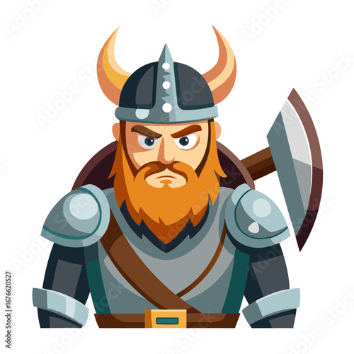 Viking Warrior with Horned Helmet - Cartoon Norse Fighter with Beard, Armor, and Axe Character Design