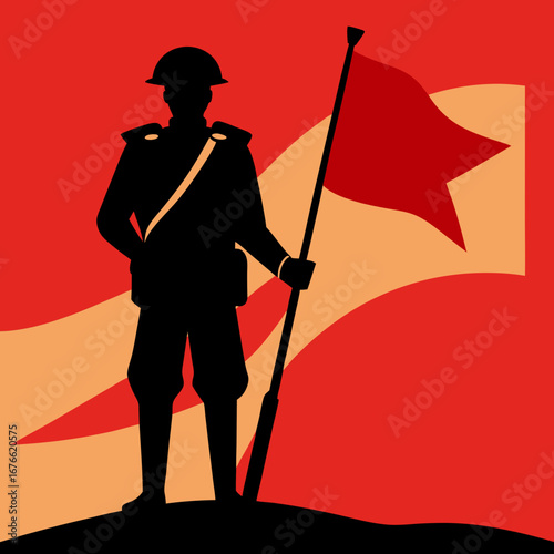 Soldier Silhouette Holding Flag on Hill - Revolutionary Warrior with Red Star Flag Background