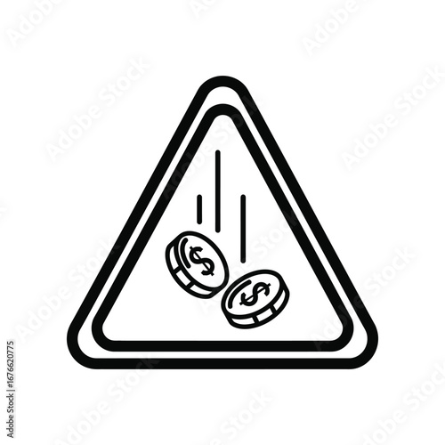 Economic Uncertainty: A minimalistic design illustrating the potential economic risks, with two coins falling within a warning triangle.