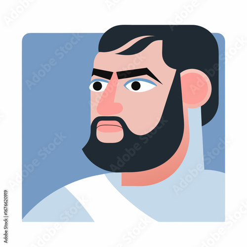 Bearded Man Portrait - Flat Illustration of Male Character with Dark Hair and Beard, Modern Avatar Design