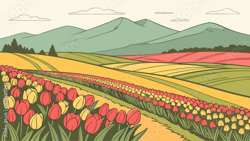 Tulip Field Landscape with Mountains - Colorful Retro Style Spring Scenery with Red Yellow Tulips and Rolling Hills