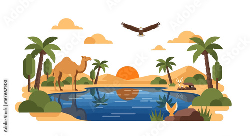 Desert Oasis Scene Featuring Camel, Eagle, and Fennec Foxes with Palm Trees