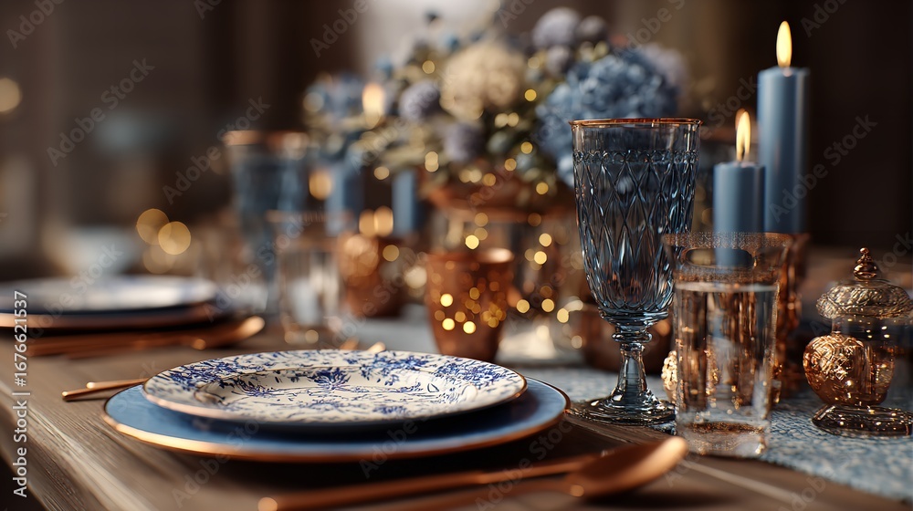 Fototapeta premium Elegant Autumnal Table Setting: Blue & Copper Thanksgiving Dinner Inspiration