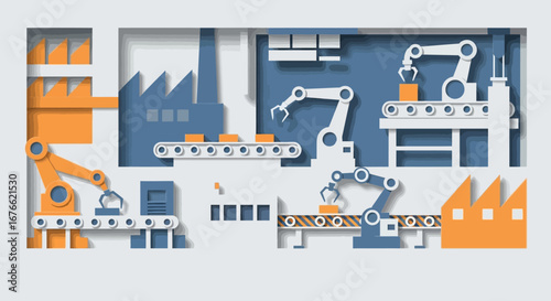 Detailed Papercut Illustration of Automated Factory Production with Robotic Arms