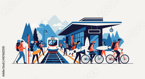 Diverse Travelers at a Mountain Train Station