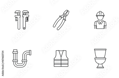 Plumbing and construction tools and safety gear icons isolated on a white background
