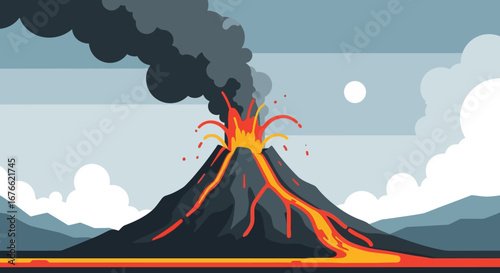 Erupting Volcano with Dark Smoke and Lava Flow