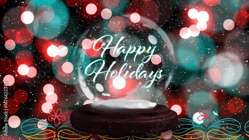 Animation of snow falling and light trails over snow globe with chappy holidays on black background