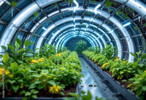Wallpaper Mural futuristic nft hydroponic dome nutrient film thin water flow glowing roots exposed thriving crops cinematic agriculture digital painting sci fi farming design detailed futuristic greenhouse eco concep Torontodigital.ca