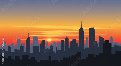 Fiery Sunset Silhouette of a Modern City Skyline