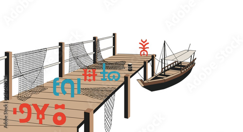 Fishing Pier with Nets and a Traditional Boat