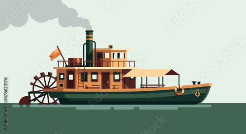 Flat Design Riverboat with Paddlewheel and Smoke Stack on Calm Water