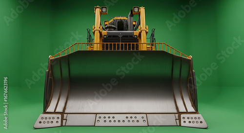 Close-up view of a bulldozer's front blade and chassis.