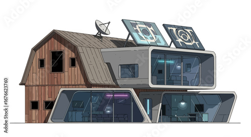 Futuristic Barn Home with Solar Panels and Satellite Dish