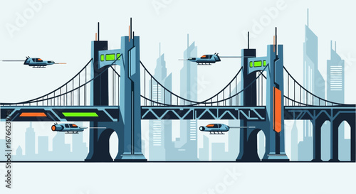 Futuristic cityscape with a suspension bridge and flying vehicles