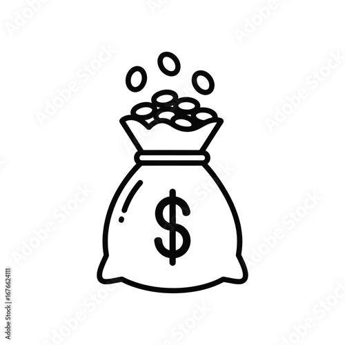 Bag of Money: A classic illustration of a money bag overflowing with coins, representing wealth, savings, and financial prosperity.