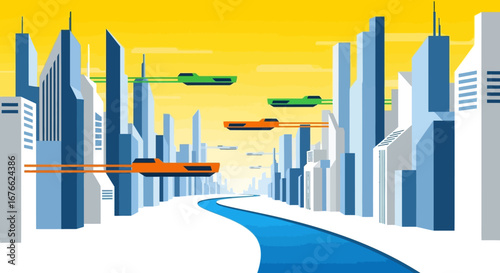 Futuristic Cityscape with Flying Vehicles and a Flowing Blue River