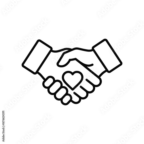 Handshake with Heart: Simple yet impactful black outline illustration of a handshake, symbolizing a commitment to a loving and supportive partnership. 