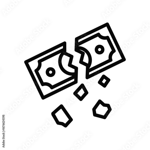 Financial Ruin: Conceptual graphic representation of monetary despair, depicting a divided bill against a stark background, illustrating themes of loss, decline, and economic fragility.