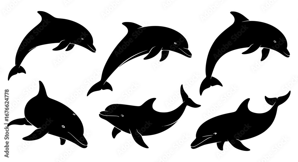 Naklejka premium Vector art of collection of dolphin silhouettes in black color for POD