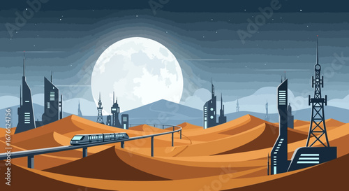 Futuristic Desert Cityscape at Night with Monorail