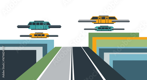 Futuristic Elevated Train System Through a Cityscape