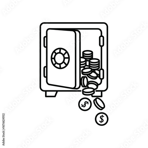 Secure Assets: A secure safe, its door ajar, spilling out a cascade of valuable coins, symbolizing financial security and the protection of wealth. 