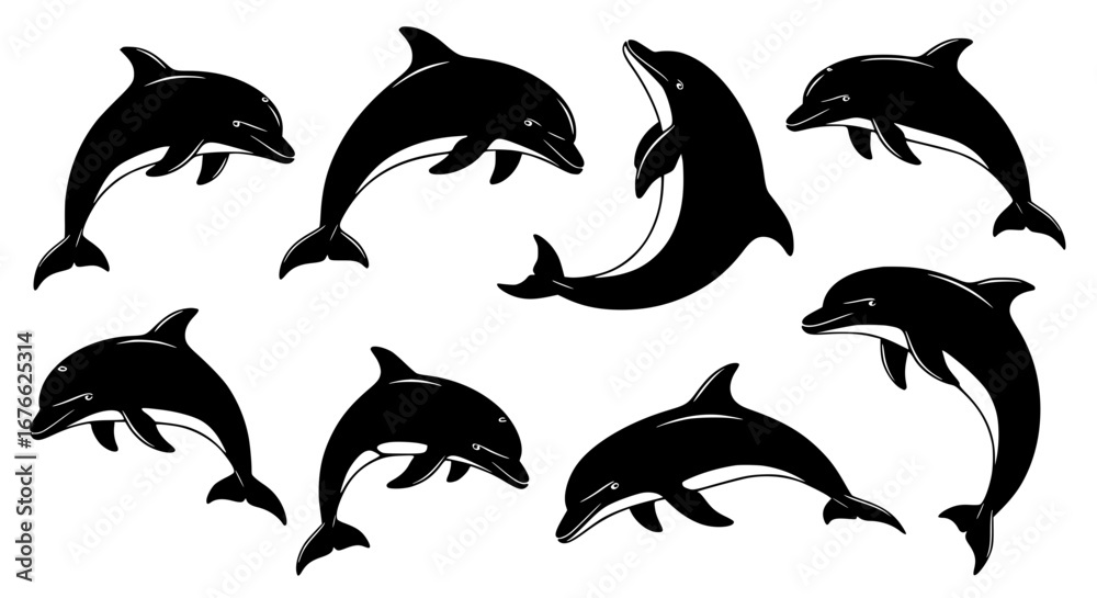 Naklejka premium Vector art of silhouette of dolphins, swimming and jumping in the sea for POD