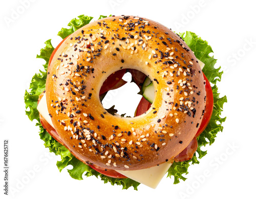 Stacked Double Bagel Sandwich with Fresh Greens, Angled Side View, Isolated