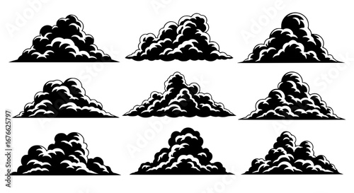 Vector art of collection of nine cloud silhouettes for design use for POD
