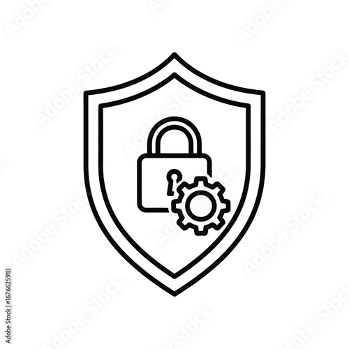 Digital Security Symbol: The graphic showcases the essence of protection with a shield encompassing a padlock and a gear, it represents data privacy and protection against intrusion