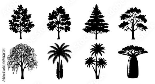 Vector art of collection of various tree silhouettes, vector illustration for POD