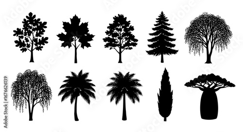 Vector art of collection of various tree silhouettes, vector illustration for POD