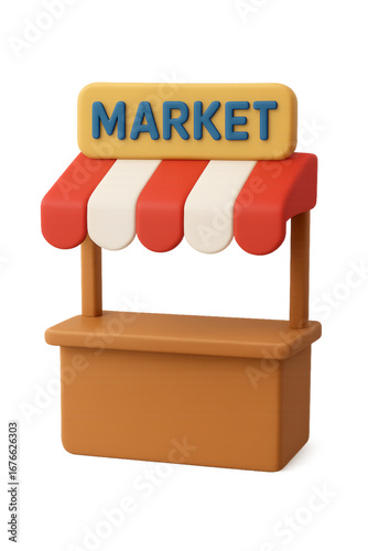 3D Render of Market Stall with Red and White Awning