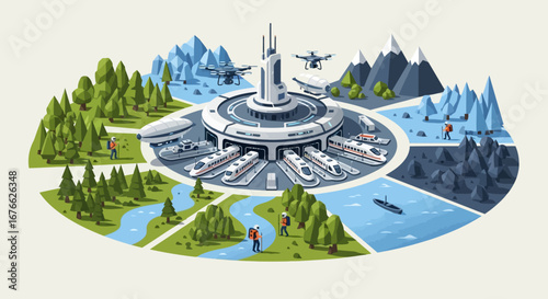 Futuristic Transportation Hub with High-Speed Trains, Drones, and Diverse Landscapes