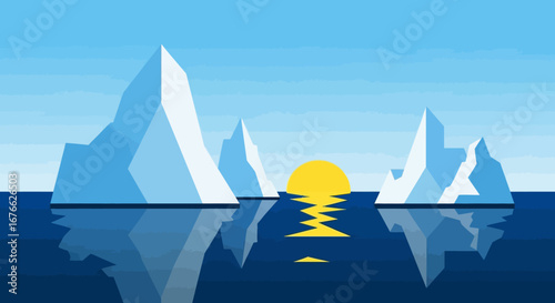 Geometric Icebergs Reflecting a Golden Sunset in the Arctic Ocean