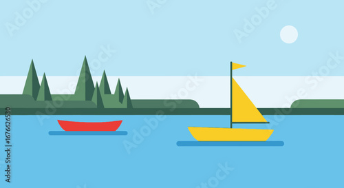 Geometric Landscape Depicting a Sailboat, Rowboat, and Greenery on Water