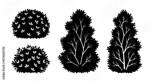 Vector art of silhouette of various trees and bushes for POD