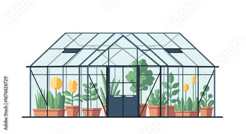 Glass greenhouse with potted plants, including yellow flowers and a small tree