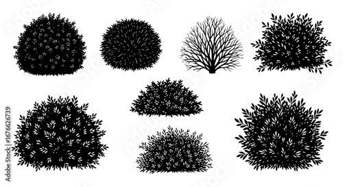 Vector art of set of different bushes in silhouette style vector for POD