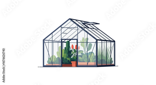 Glass Greenhouse with Open Vent and Potted Plants Inside, Flat Vector Illustration