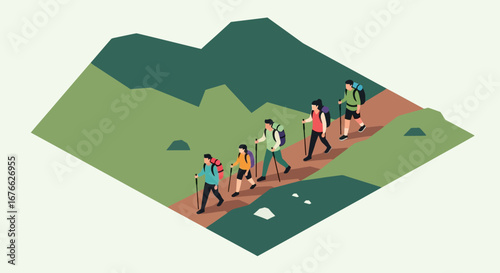 Group of Hikers Ascending a Mountain Trail in Vector Illustration