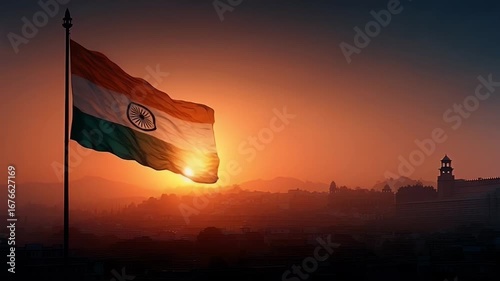 Tricolor Indian flag waving in the wind with a glowing sunrise behind Red Fort