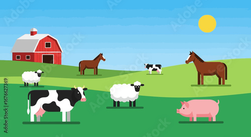 Idyllic Farm Scene: Cows, Sheep, Horses, and Pig near Red Barn