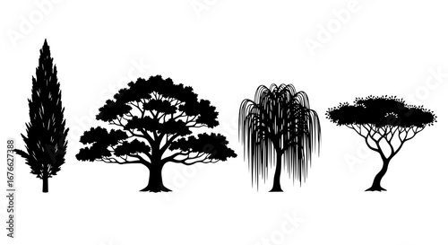 Vector art of silhouette of various tree types for design element for POD