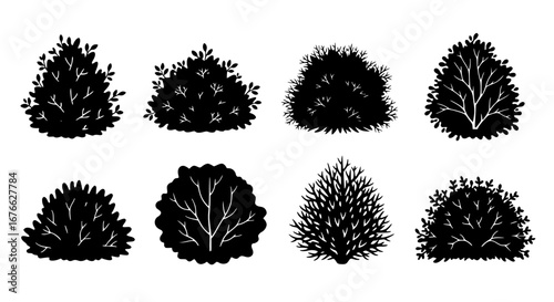 Vector art of set of eight bush silhouettes, garden shrub and hedge for POD